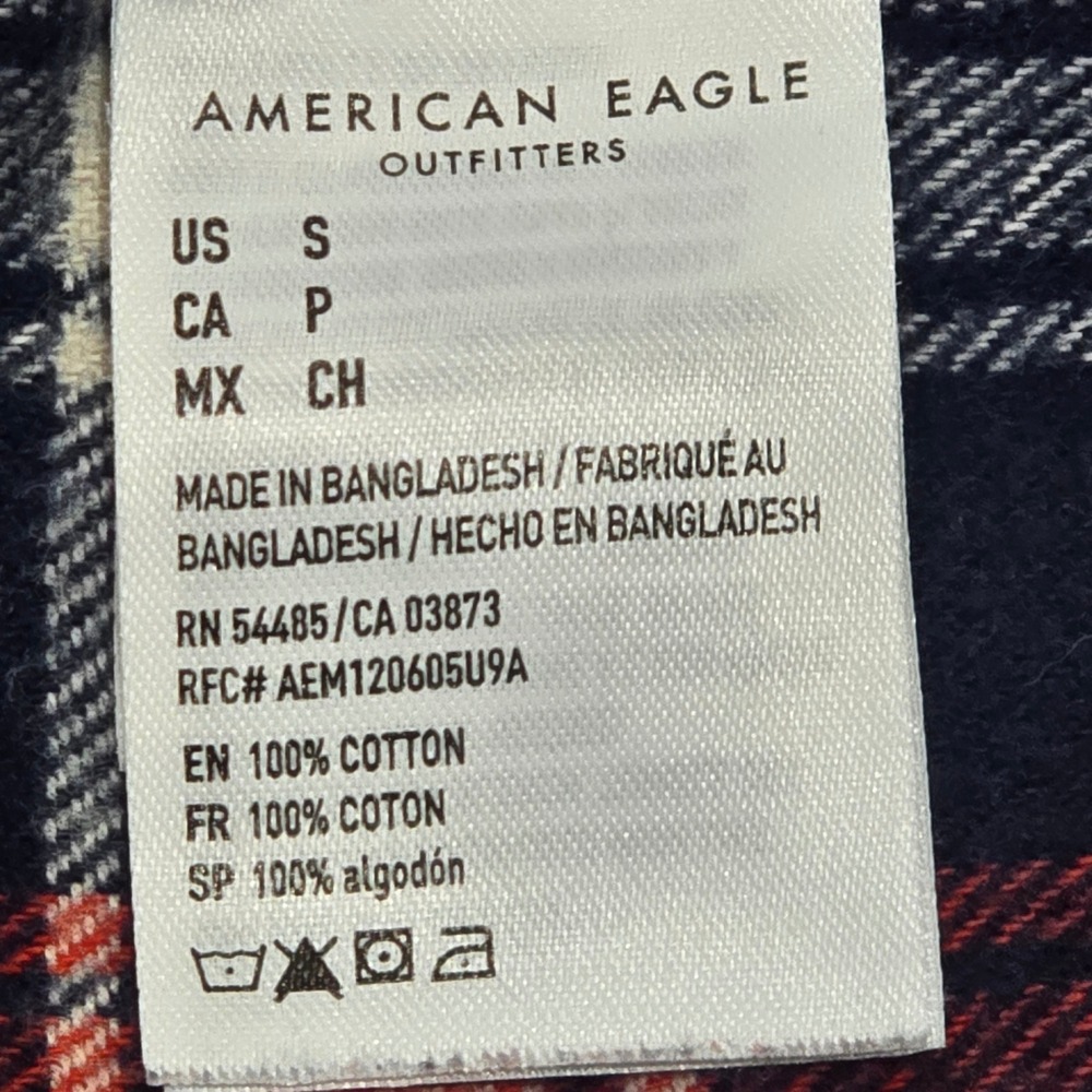 American Eagle Mens Small Red Blue Plaid Flannel Button Down Shirt 100% Cotton - Picture 4 of 7